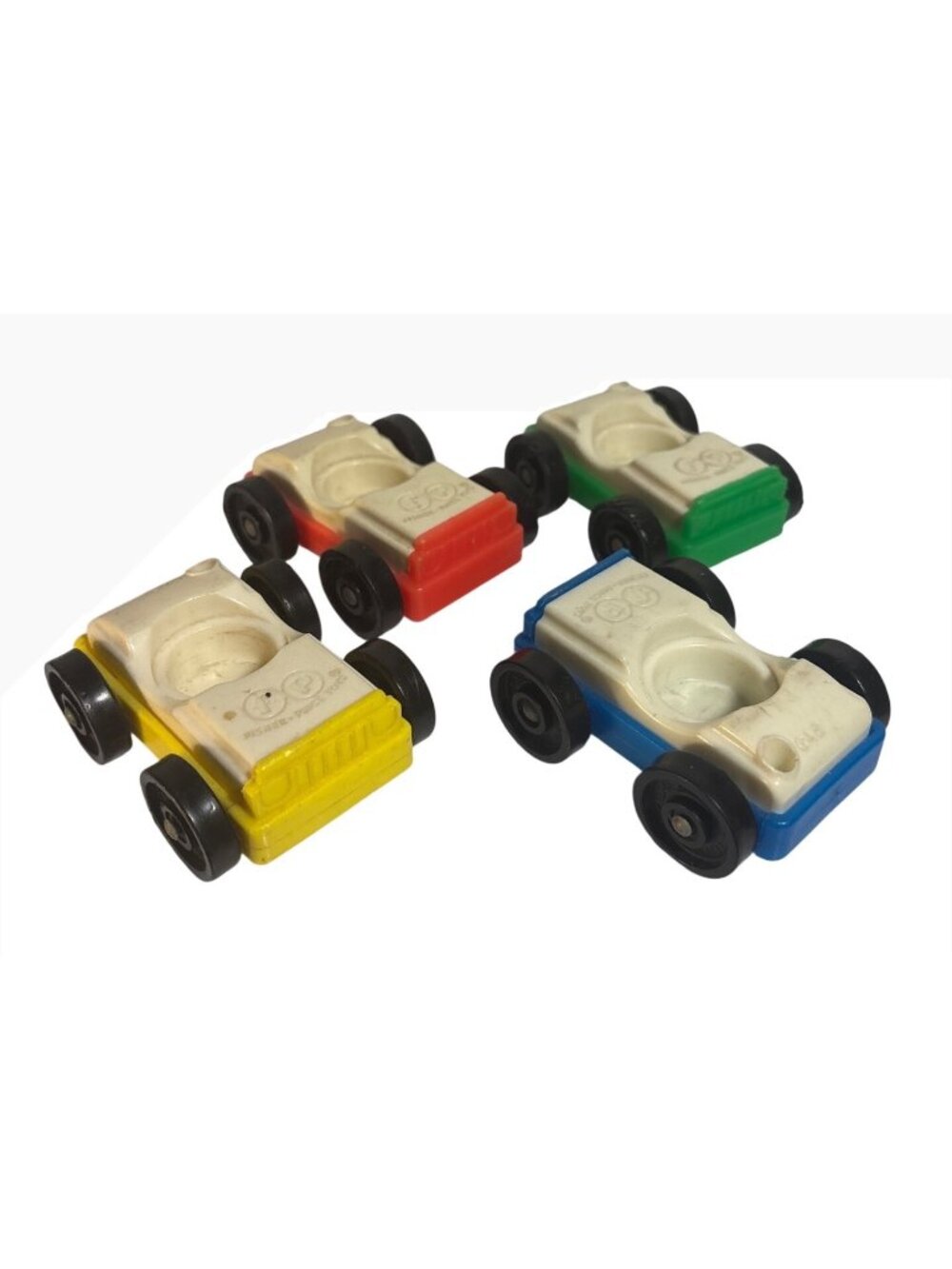 4 Vintage Little People White Cars With Green Yellow Blue Red Base Fisher Price